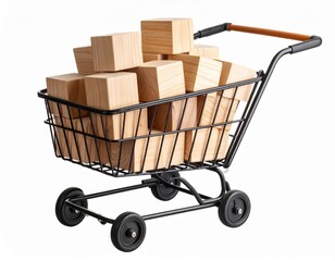 Shopping cart overflowing with wooden blocks on a clean white background