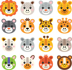 Collection of cartoon animal faces including a lion giraffe bear and other animal illustrations