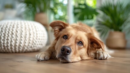 A charming golden retriever dog resting its head on the wooden floor, showcasing its soulful eyes and relaxed demeanor in a serene, plant-filled environment.