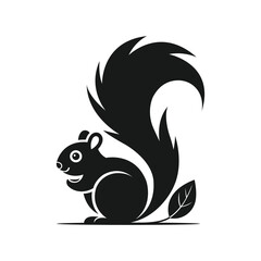 Stylized Black Squirrel Silhouette with Leaf and Fluffy Tail Nature Inspired Vector Logo Icon on White