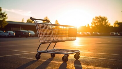 Shopping Cart Silhouetted Against a Golden Sunset in a Parking Lot