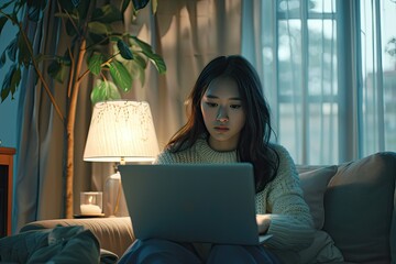 Ultra Hd Visual of Asian Young Woman Using Laptop to Working From Home at Living Room