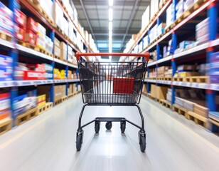 Shopping cart speeding through a warehouse aisle with blurred shelves