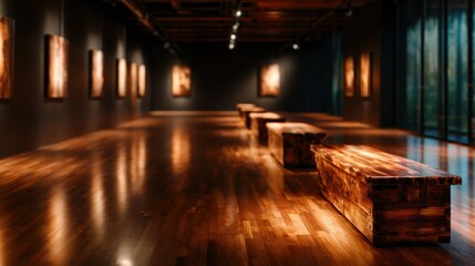 A serene art gallery showcasing stunning wooden benches, polished floors, and art pieces that highlight the beauty of contemporary design in a tranquil setting.