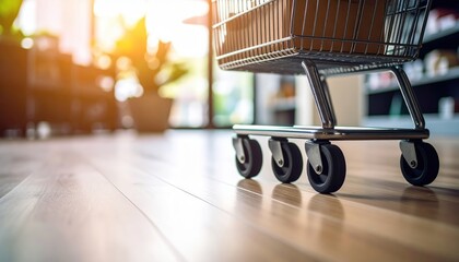 Shopping cart wheels on a shiny wooden floor with sunlight streaming through the window