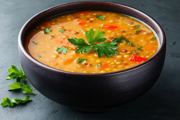 vibrant bowl of lentil based protein soup garnished with fresh herbs, showcasing rich texture and colorful ingredients