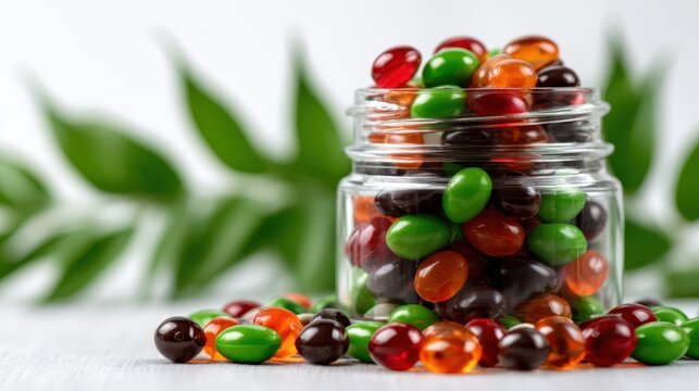 This vibrant image showcases a glass jar filled with assorted colorful jelly beans, surrounded by green leaves, emphasizing a fresh and inviting treat for sweet lovers. - Powered by Adobe