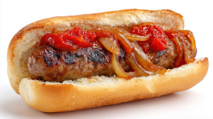 South African-style hot dog with boerewors, grilled onions, and tomato sauce in a roll, placed against a clean white background.