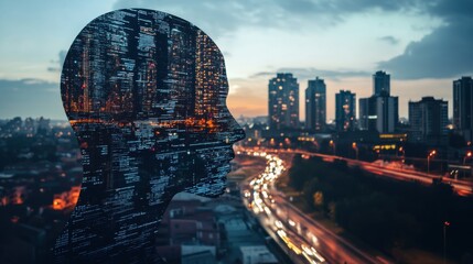 Human Silhouette Merged with Digital Cityscape at Dusk