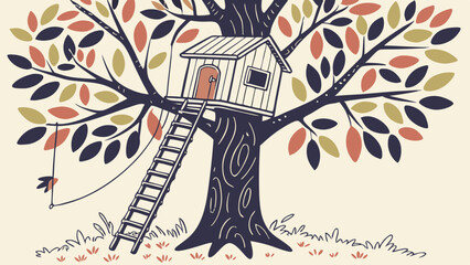 Illustration of a treehouse with a ladder, leaves in autumn colors, and a swing hanging from a branch
