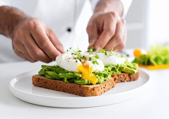 chef preparing avocado toast, close up of a chef making avocado toast