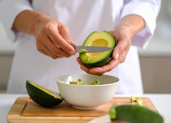 chef cutting avocado, close up of a chef peeling avocado