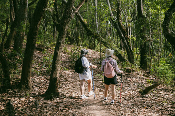 Two female friends with backpacks on vacation hiking through countryside together. Asian friend girls backpacker friend travel in forest wild together. happy and enjoying sunny day while hiking.