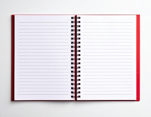 open spiral notebook with blank pages, lined notebook with red cover