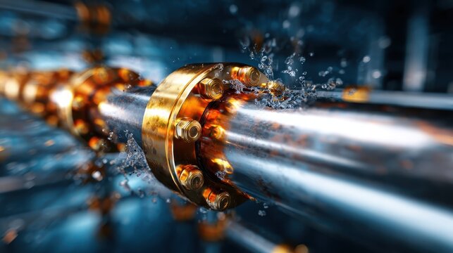 A close-up image of a metal pipe with golden screw details, splashing water captures the essence of mechanics and fluid dynamics in an industrial yet artistic perspective.
