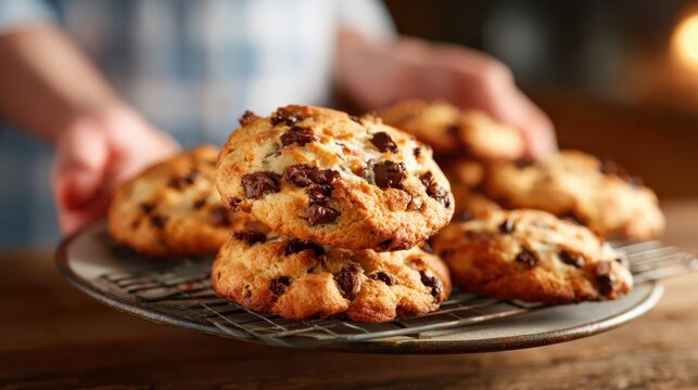A plate of warm, freshly baked chocolate chip cookies is held by a person, evoking feelings of comfort and indulgence in a cozy kitchen setting adorned with a rustic charm. - Powered by Adobe