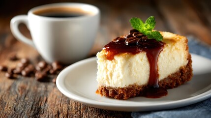 A delectable slice of cheesecake topped with caramel sauce sits beside a steaming cup of coffee, inviting you to indulge in a delightful dessert experience perfect for food lovers.