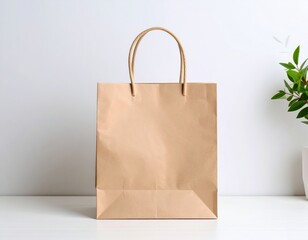 Simple Brown Paper Bag on White Table with Green Plant Accent