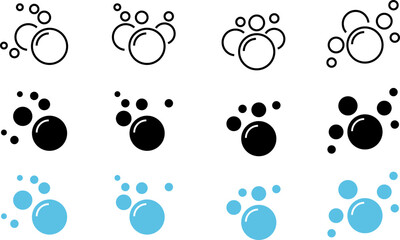 Soap bubbles icon set. Foam bubble symbol. Sparkling water. Fizzy soda drops sign. Oxygen sphere. Clean wash suds concept
