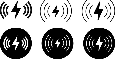 Wireless charging icon set. Glowing symbols with lightning bolts. Electromagnetic charger icons. Battery charge sign 

