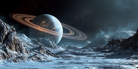 Stunning Cosmic Landscape Frozen Planet with Ringed Gas Giant