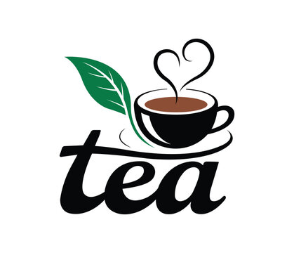 Heart Steam Tea Cup Logo with Green Leaf and tea Text Love for Tea Design
