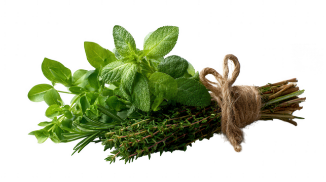 Mixed fresh herb bundle isolated on transparent background