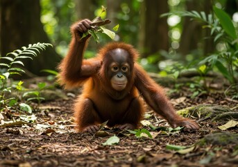 Naklejka premium Adorable orangutan infant playing in lush forest setting