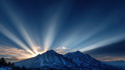 Sunrise Behind Mountain Ridge with Light Beams.