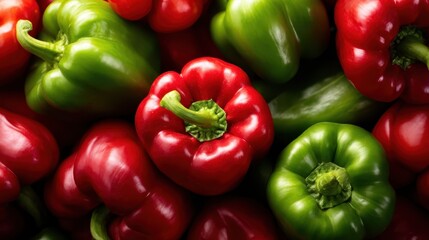 A vibrant assortment of fresh red and green bell peppers stacked together, showcasing their glossy skin and natural colors, perfect for culinary inspiration.