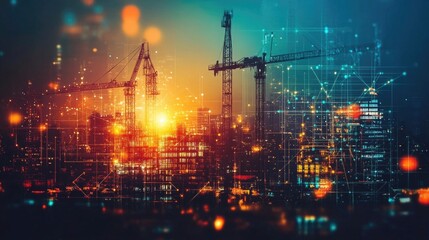 Fototapeta premium Urban Development and Real Estate Projects with Cranes and Smart Technology, Showcasing the Role of Digital Tools and Modern Machinery in Building Smart Cities