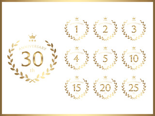 周年数字と記念日お祝い用の月桂冠デザインのゴールドバナーセット