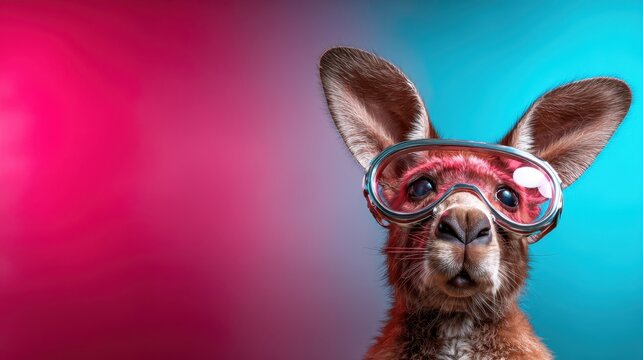 A playful kangaroo wears stylish goggles, highlighted against a vibrant pink and blue backdrop, blending fun, creativity, and a humorous take on nature's creatures.