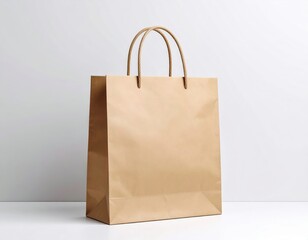 Simple brown paper shopping bag with rope handles on a white surface