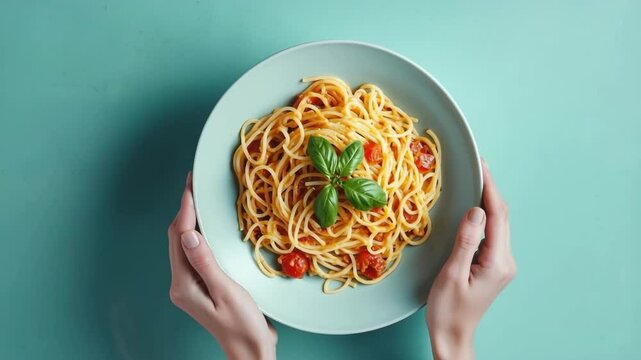 Woman's hands holding a Italian tomato pasta dish, close-up, top view, blue background