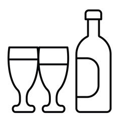 Glasses of wine drink and bottle thin line icon, winery concept. Vector graphics. Wine drink bottle and glasses pair sign on white background, style mobile or design.