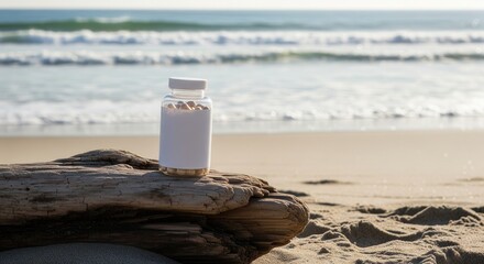 Supplement bottle with pills on driftwood at sandy beach shore