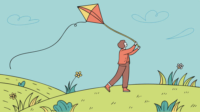 Person flying a kite on a grassy hill with flowers and clouds in the sky on a bright sunny day outside
