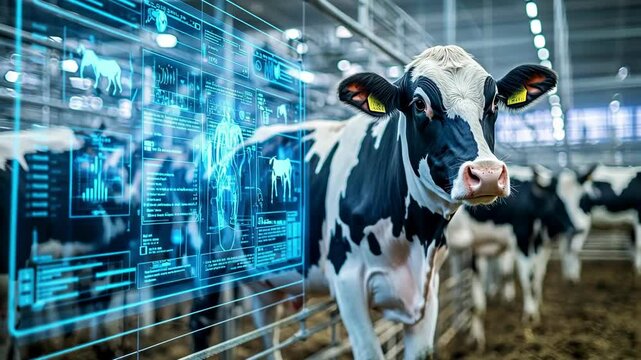 Holstein cow in modern barn with digital livestock monitoring data