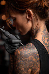 perspective a hand in black glove tattooing