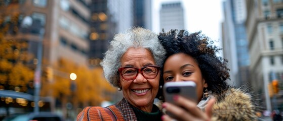 Happy African American grandmother and granddaughter taking a selfie in a city, smiling and using smartphone, embracing
