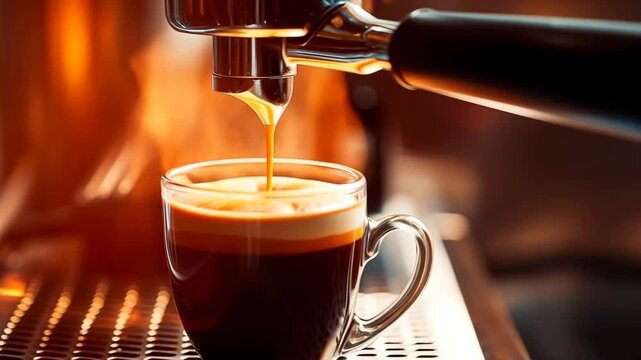 Professional coffee machine brewing espresso, coffee pouring into small mug, copy space
