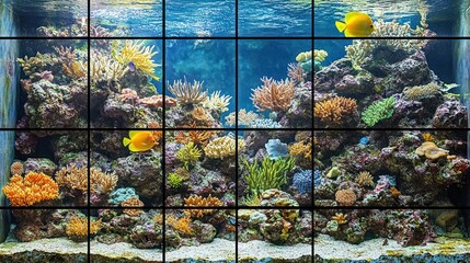 Colorful coral reef ecosystem with fish in aquarium setting.