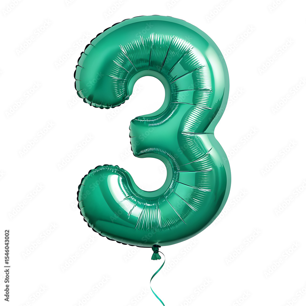 Fototapete a balloon shaped like the number 3,emerald green metallic finish with realistic reflections and smoo