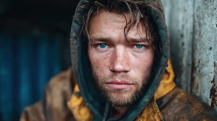 Obraz premium A deeply introspective portrait of a young man with tousled hair and a rugged look, conveying emotion through his intense gaze against a gritty background, representing resilience.
