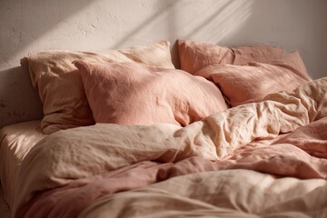 Cozy Bed Adorned in Soft Peach and Cream Textiles Inviting Restful Moments Generative AI