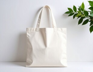 Simple Cream Tote Bag with Green Leaves Against a White Background