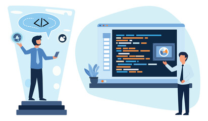 Software development team collaboration programmer and analyst working together on a project
