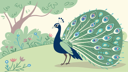Illustration of a peacock with its tail feathers displayed in a garden scene with a tree and flowers