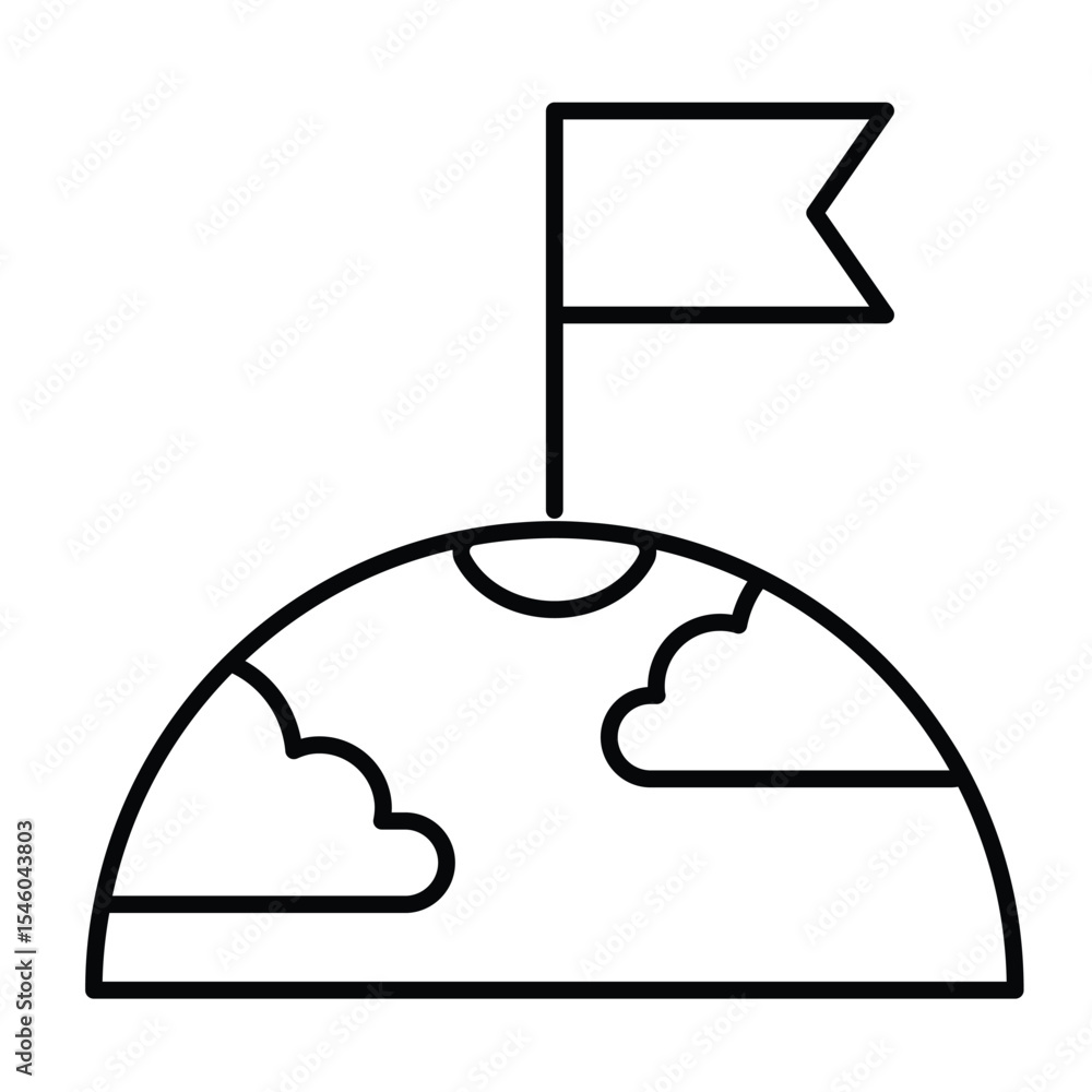 Poster planet surface with clouds and flag thin line icon, cosmos concept. vector graphics. first tearer ma